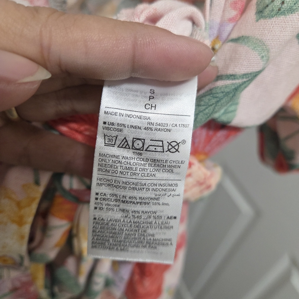 Old Navy Pink & Green Floral Midi Dress | Romantic Puff Sleeve Tie Front Dress - Picture 6 of 6
